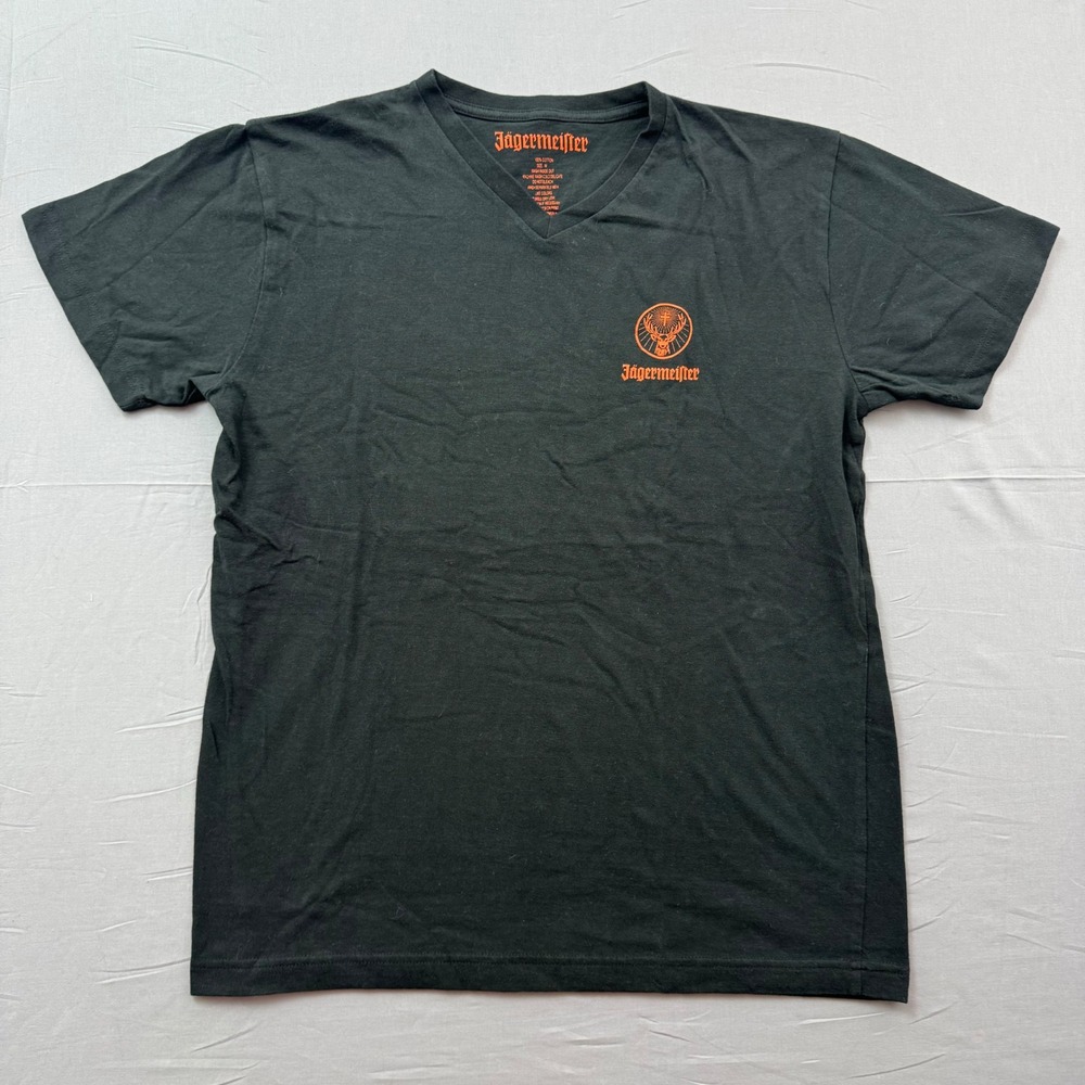 Jagermeister Mens Black V-Neck T-Shirt Orange Logo Graphic Tee Size M